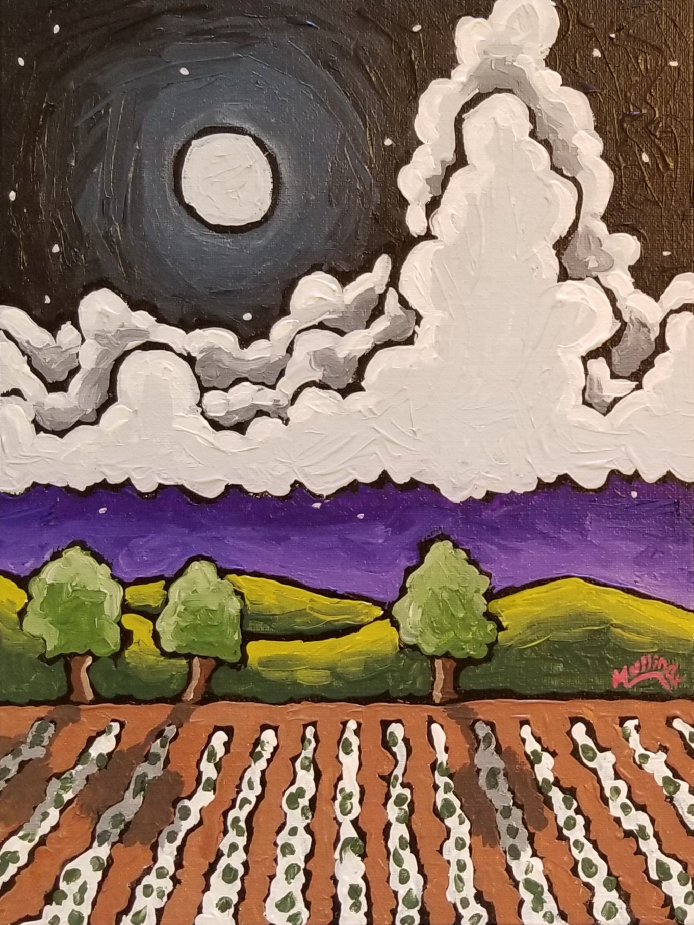 Cotton Field with a Purple Sky | Painting by Kent Mullinax of Cartersville, Georgia