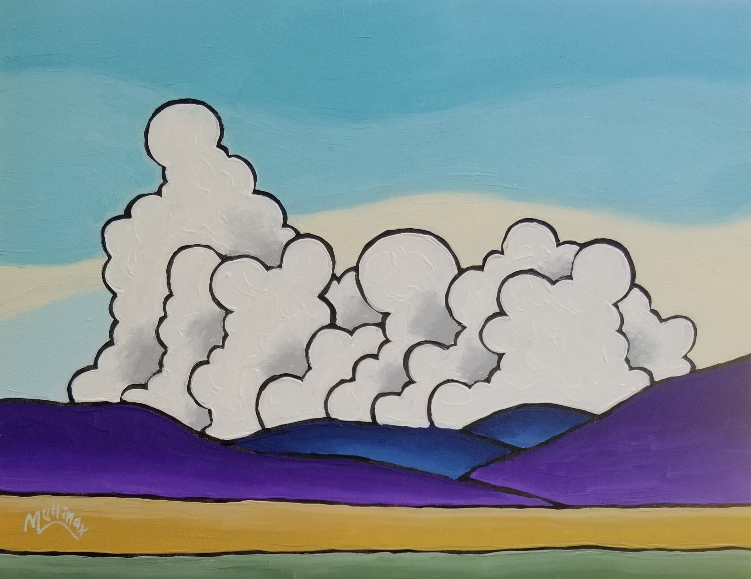 Marching Clouds | Painting by Kent Mullinax of Cartersville, Georgia | A painting with green and gold fields in the foreground, rolling purple and blue hills in the middle ground and seven fluffy clouds against a white and blue sky