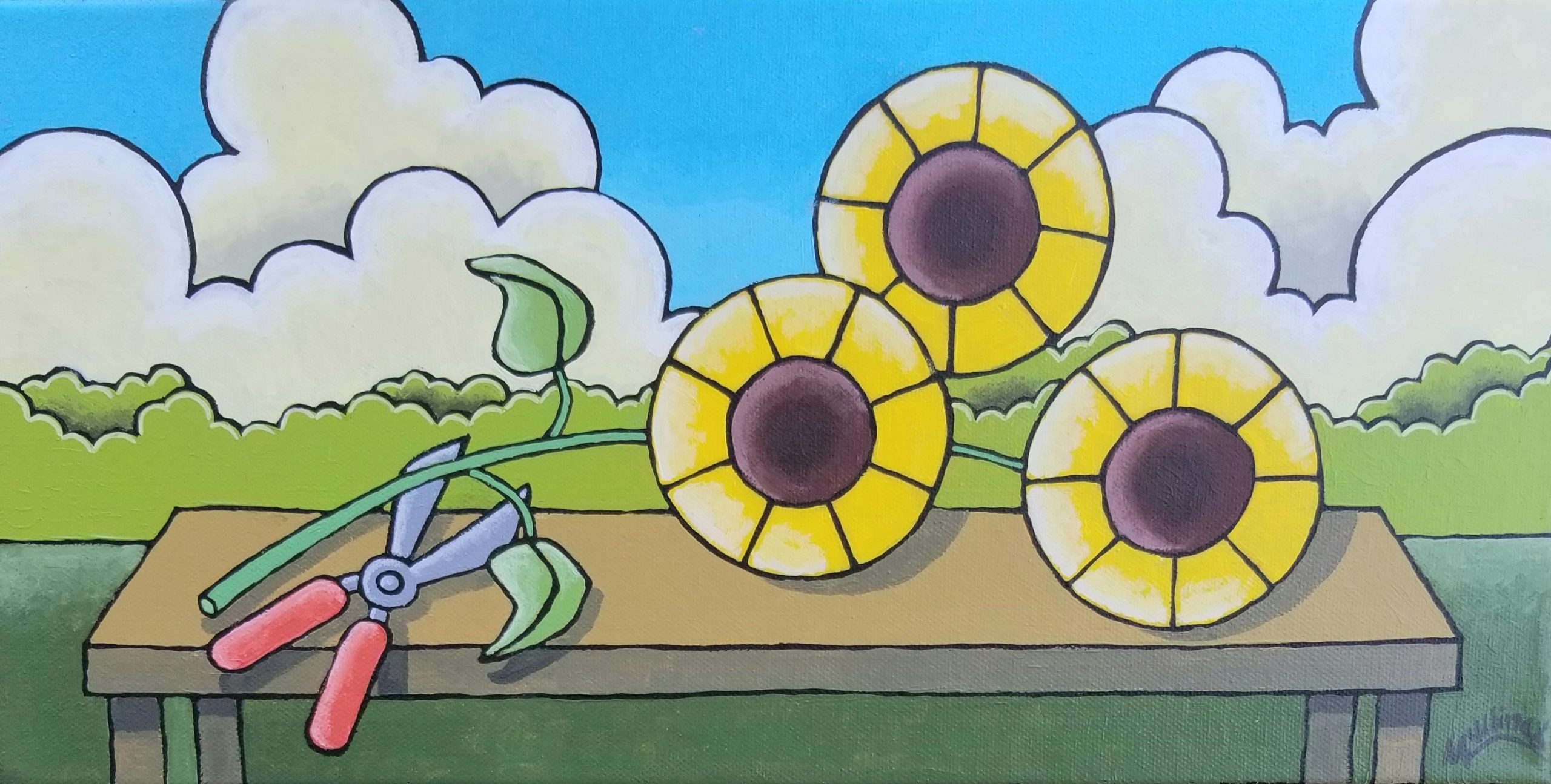Fresh Cut Sunflowers | Painting by Kent Mullinax of Cartersville, Georgia | A painting of cut sunflowers laying on a wooden table alongside a pair of garden clippers with a green lawn extending to a tree line and fluffy white clouds agains a blue sky in the background