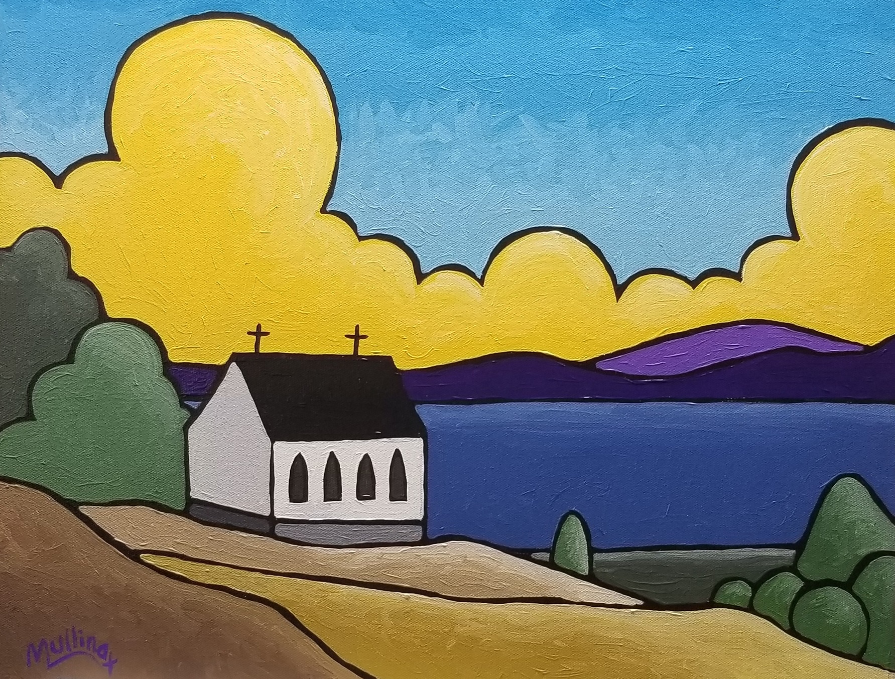 Old Saint Hilary’s Church | Painting by Kent Mullinax of Cartersville, Georgia | A painting of a white church at the edge of a blue lake with purple mountains, majestic yellow clouds, and a blue sky in the background